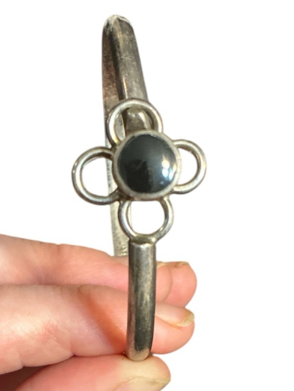 Taxco Sterling Silver Onyx Floral Cuff Bracelet